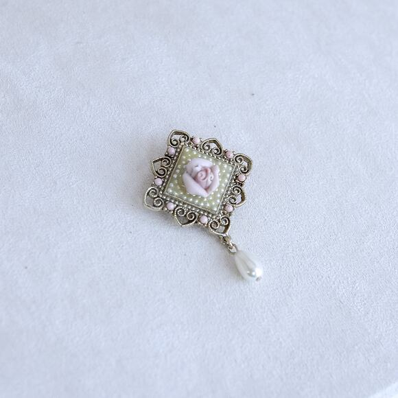 Vintage Porcelain Pink Rose Brooch Faux Pearl Teardrop Dangle Pin Gift - Picture 3 of 5